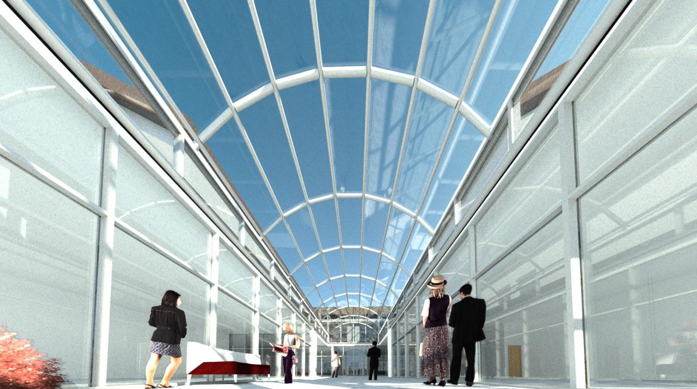 Interior rendering of a glazed barrel-vault atrium