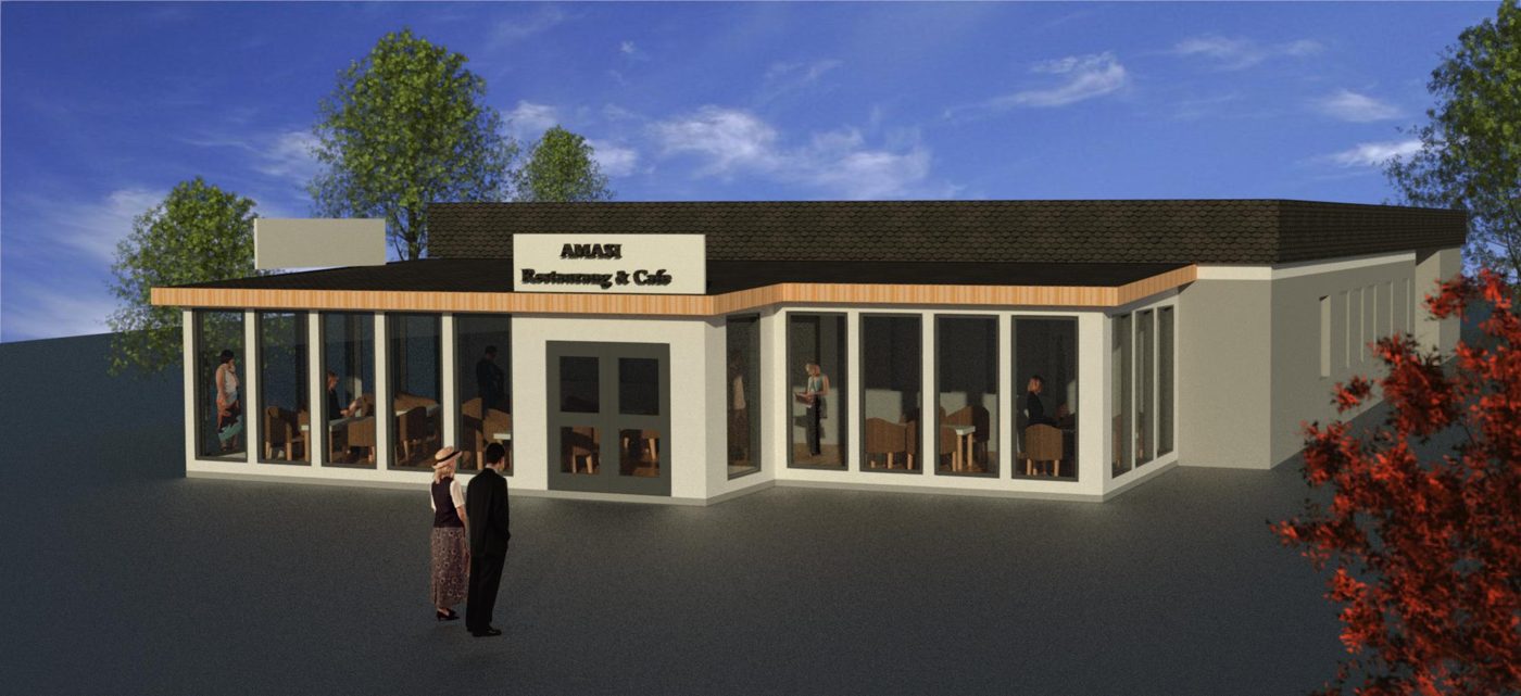 Evening rendering of a single-storey restaurant and café