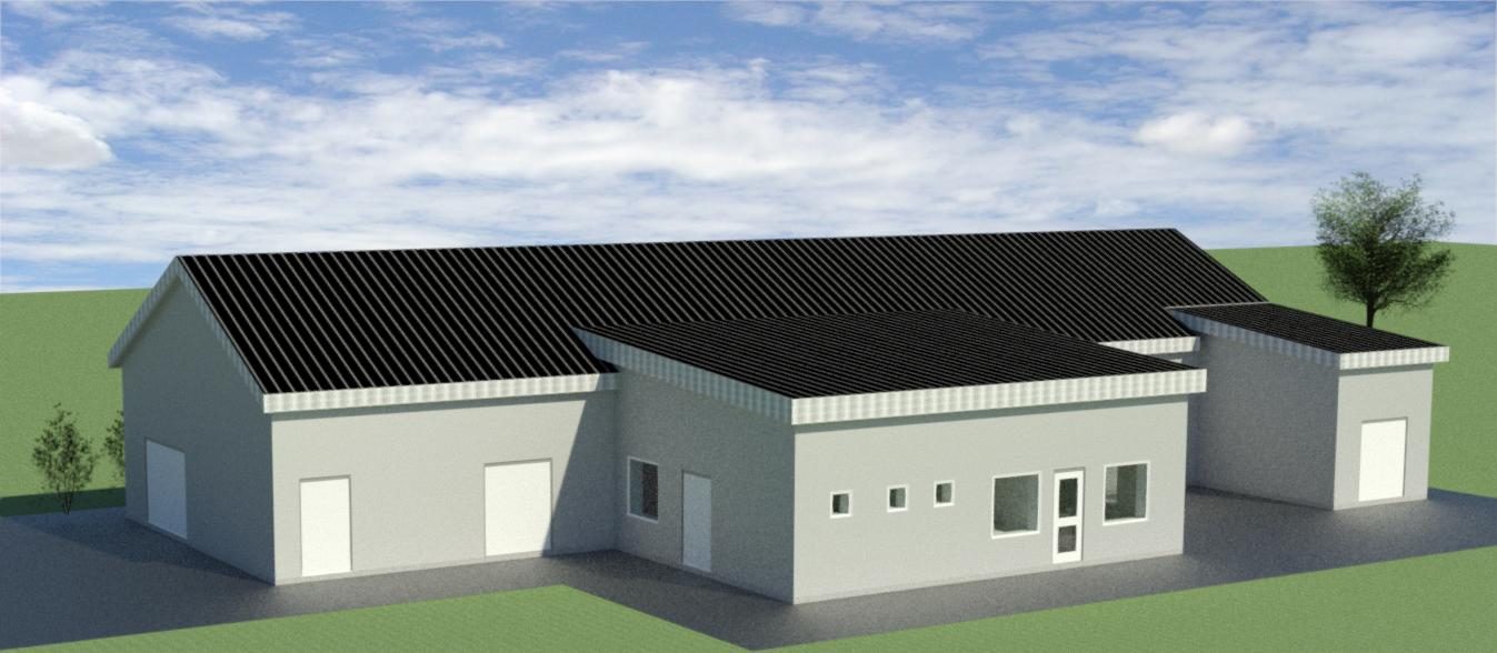 Rendering of a single-storey dairy factory with a pitched roof
