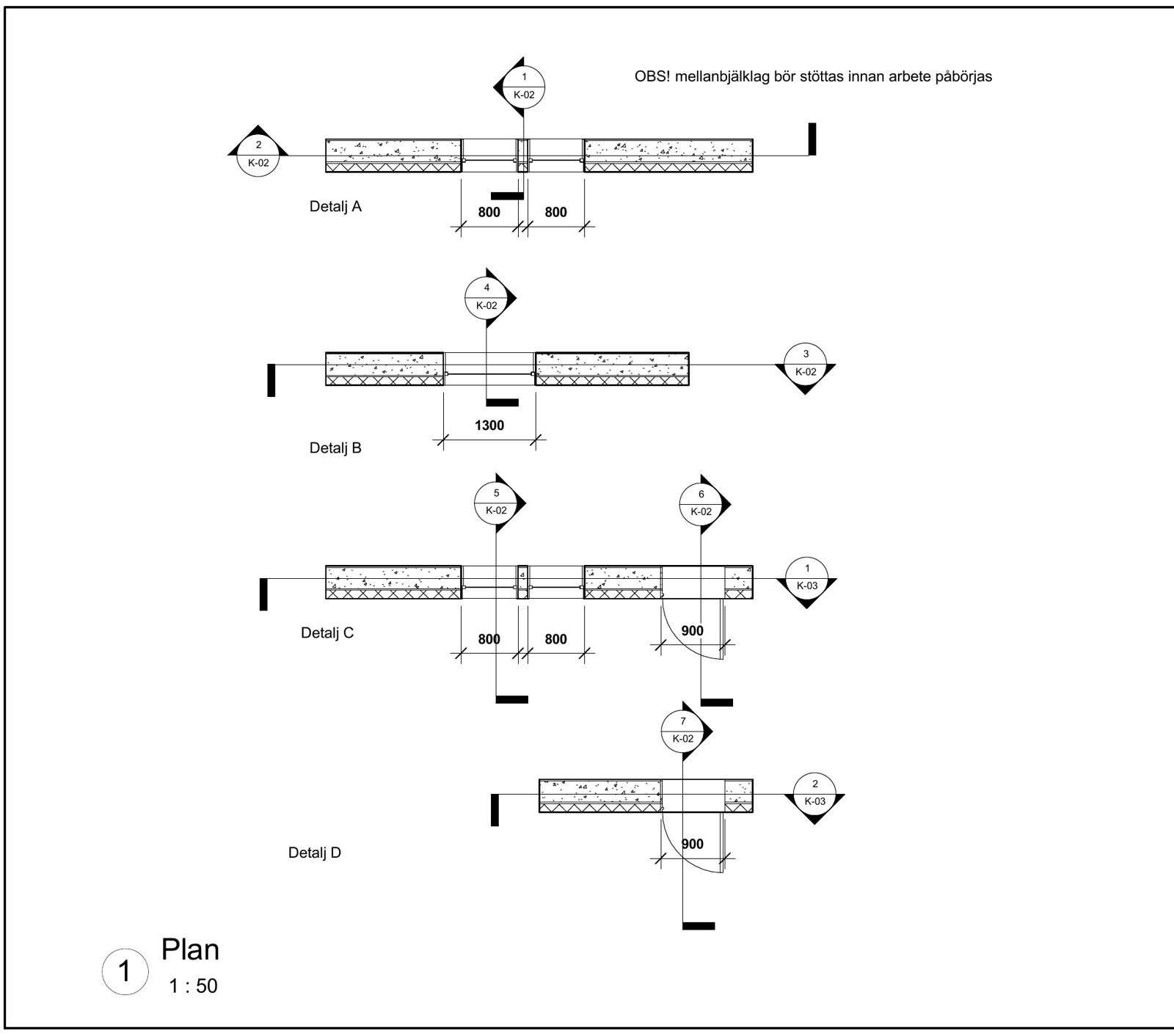 Structural drawing K-01, plan with details of new openings and lintel lengths