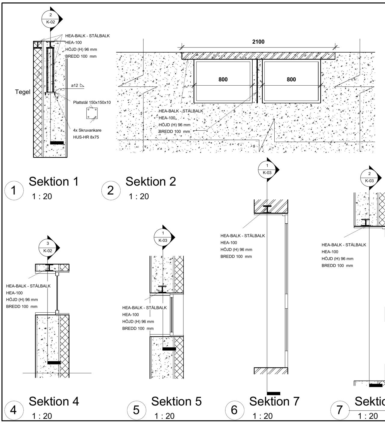 Structural drawing K-02 with sections of HEA 100 steel lintels over new openings in a brick and block wall