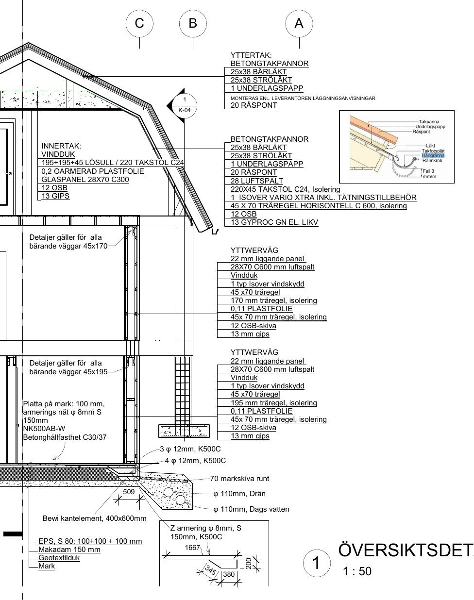 Overview section detail with roof, wall and slab build-ups listed layer by layer