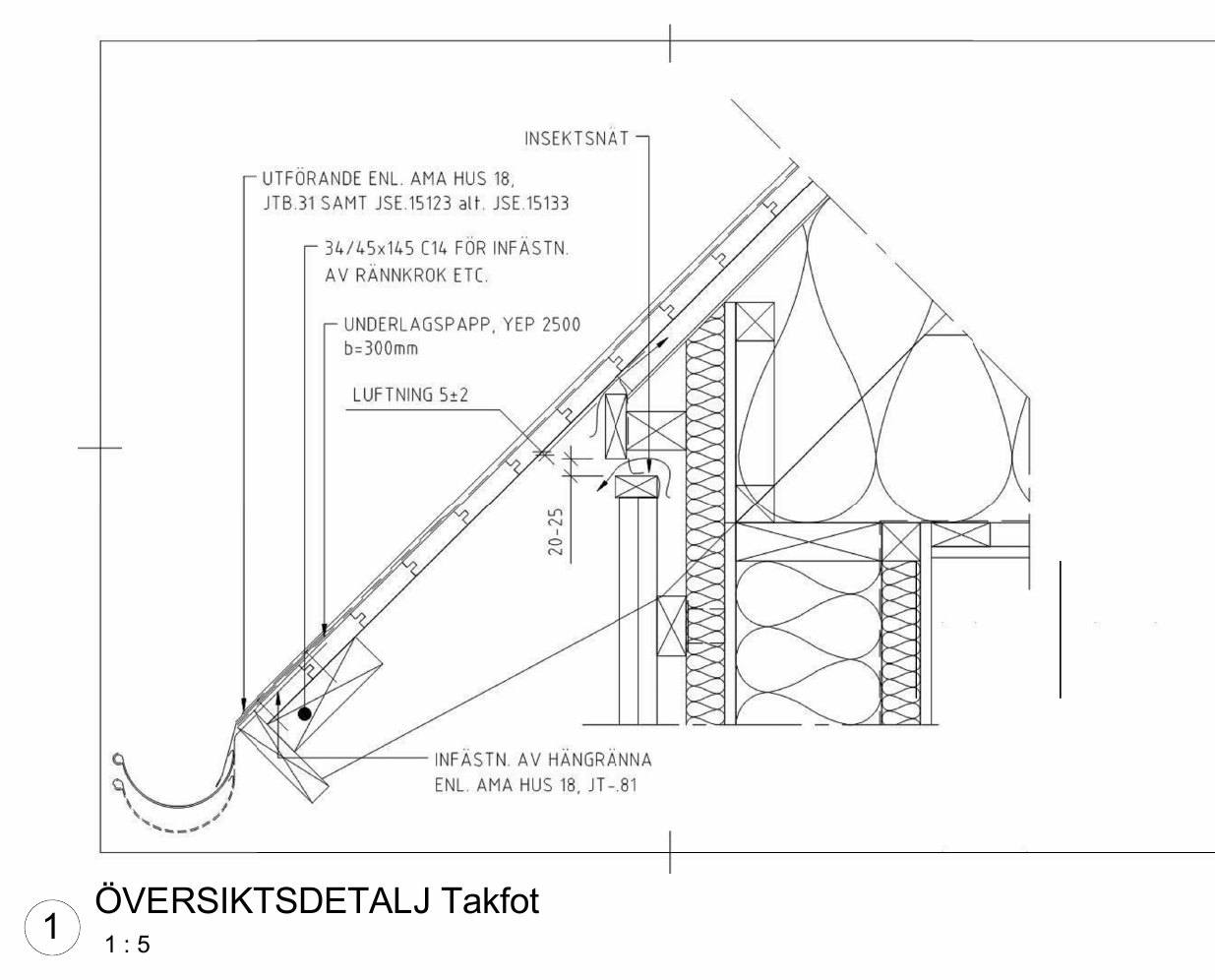 Eaves detail at 1:5 with fixings, underlay and ventilation gap