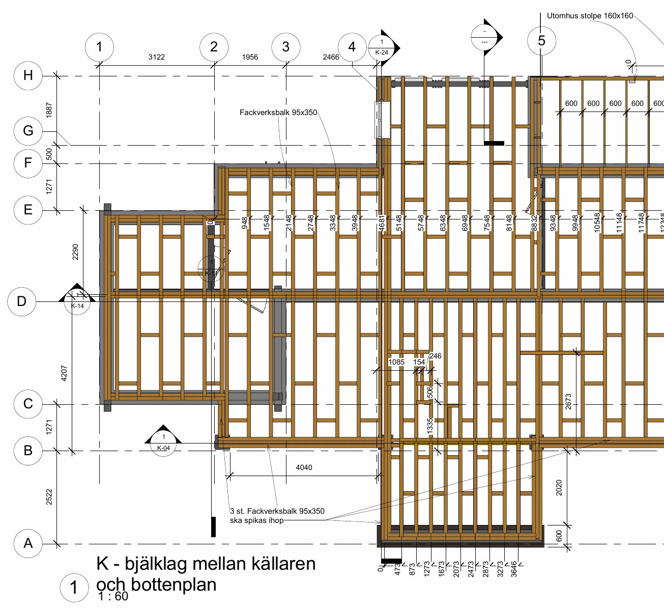 Structural plan of the floor framing between basement and ground floor with joists, open-web beams and dimensions