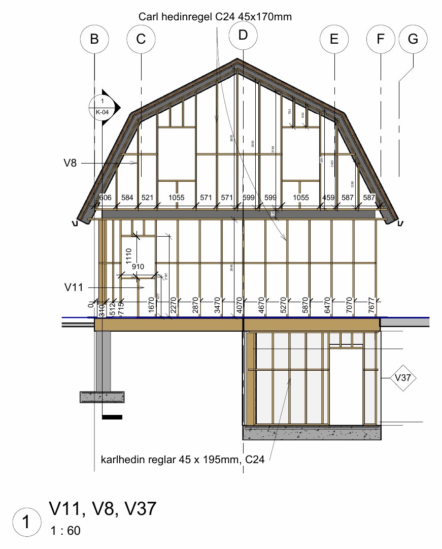 Wall elevation drawing V11 showing studs, trusses and stud spacing