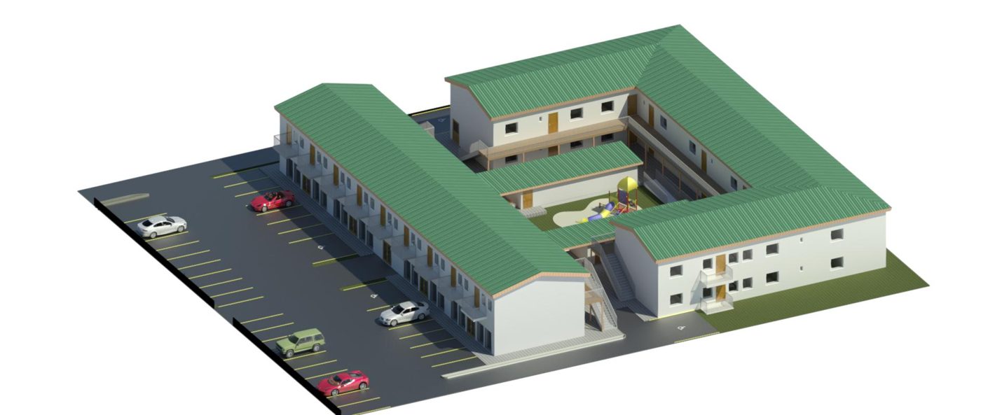 Aerial rendering of a U-shaped apartment block with courtyard and parking