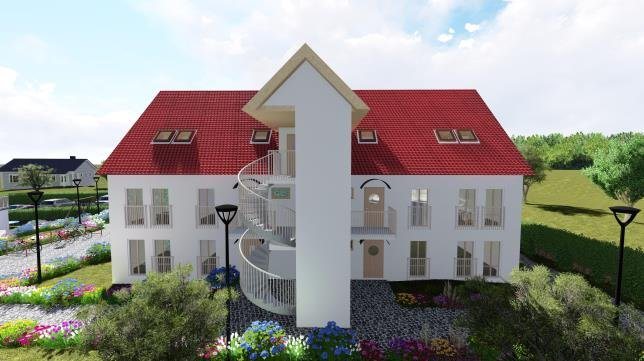 Rendering of a white apartment building with a red roof and a spiral stair