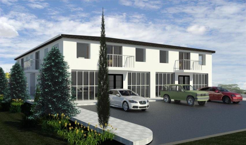 Rendering of a white two-storey apartment building with parked cars