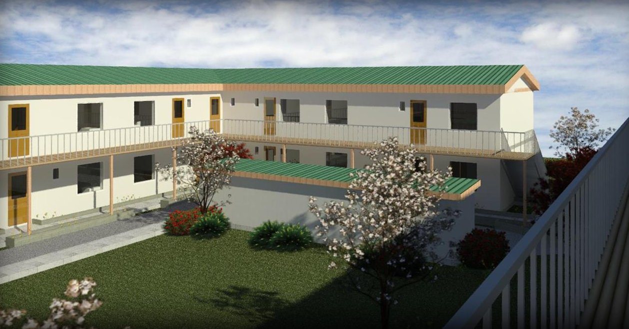 Rendering of two-storey terraced housing with access balconies around a garden