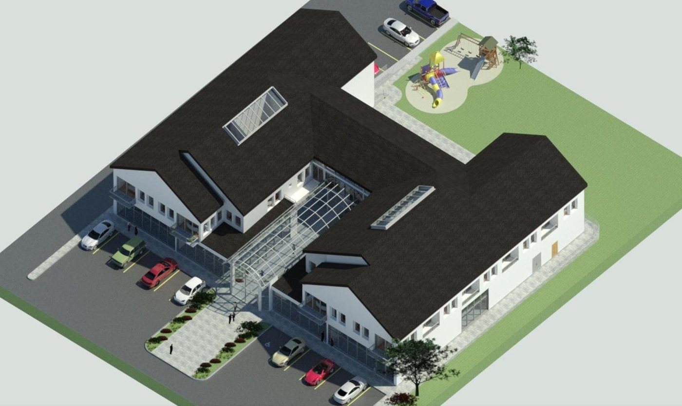 Aerial rendering of a housing block arranged around a courtyard with a glazed entrance