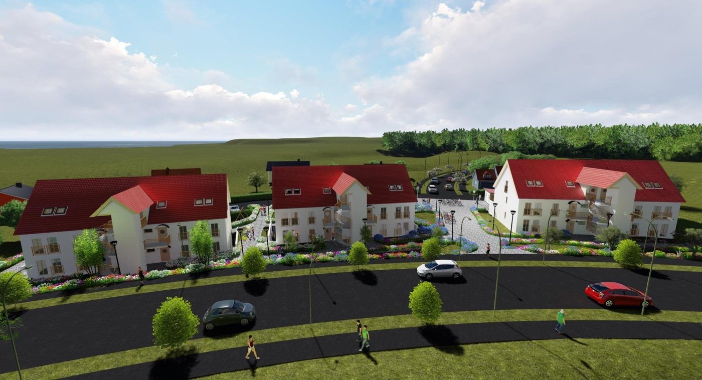 Rendering of a residential area with red-roofed apartment buildings along a street