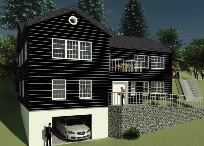 Rendering of a black timber-clad villa on a slope with a garage below