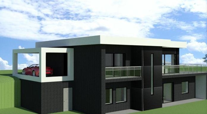 Rendering of a modern dark two-storey villa with terraces