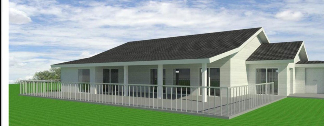 Rendering of a single-storey white villa with a long veranda