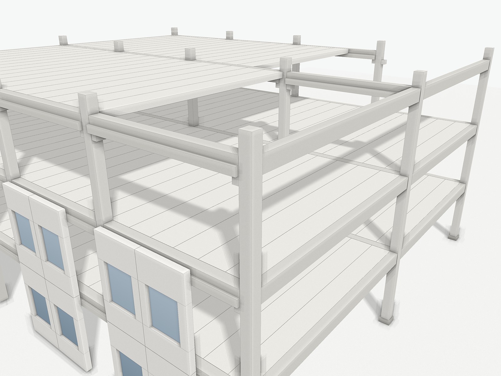 Close 3D view of precast columns, inverted-T beams carrying hollow-core slabs