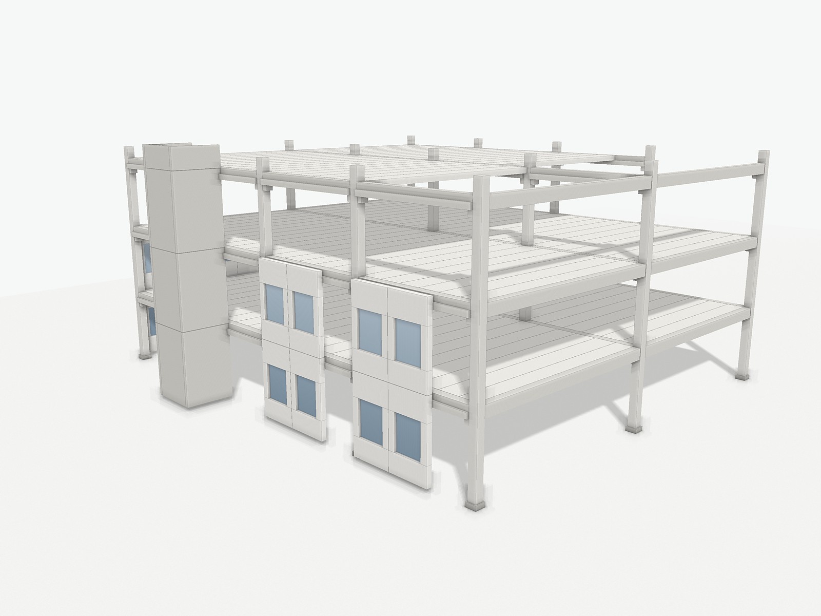 3D model of a three-storey precast concrete frame with columns, inverted-T beams, hollow-core slabs, stair core and sandwich facade panels