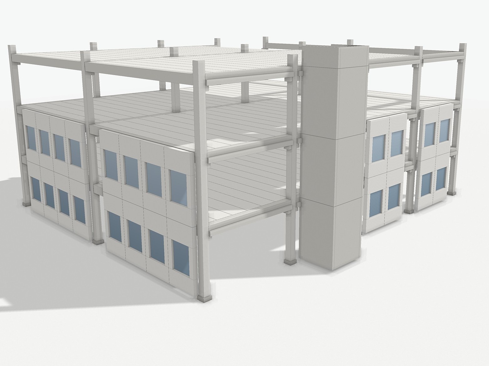 3D model of a three-storey precast concrete frame with columns, inverted-T beams, hollow-core slabs, stair core and windowed sandwich facade panels