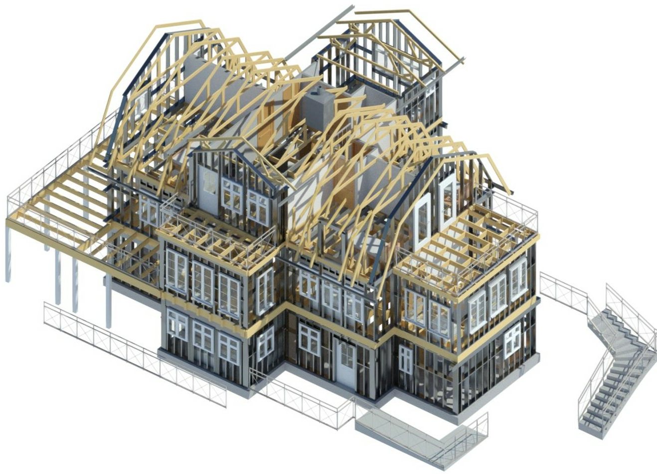 3D structural model of a three-storey timber-frame villa with roof trusses, balconies and external stairs