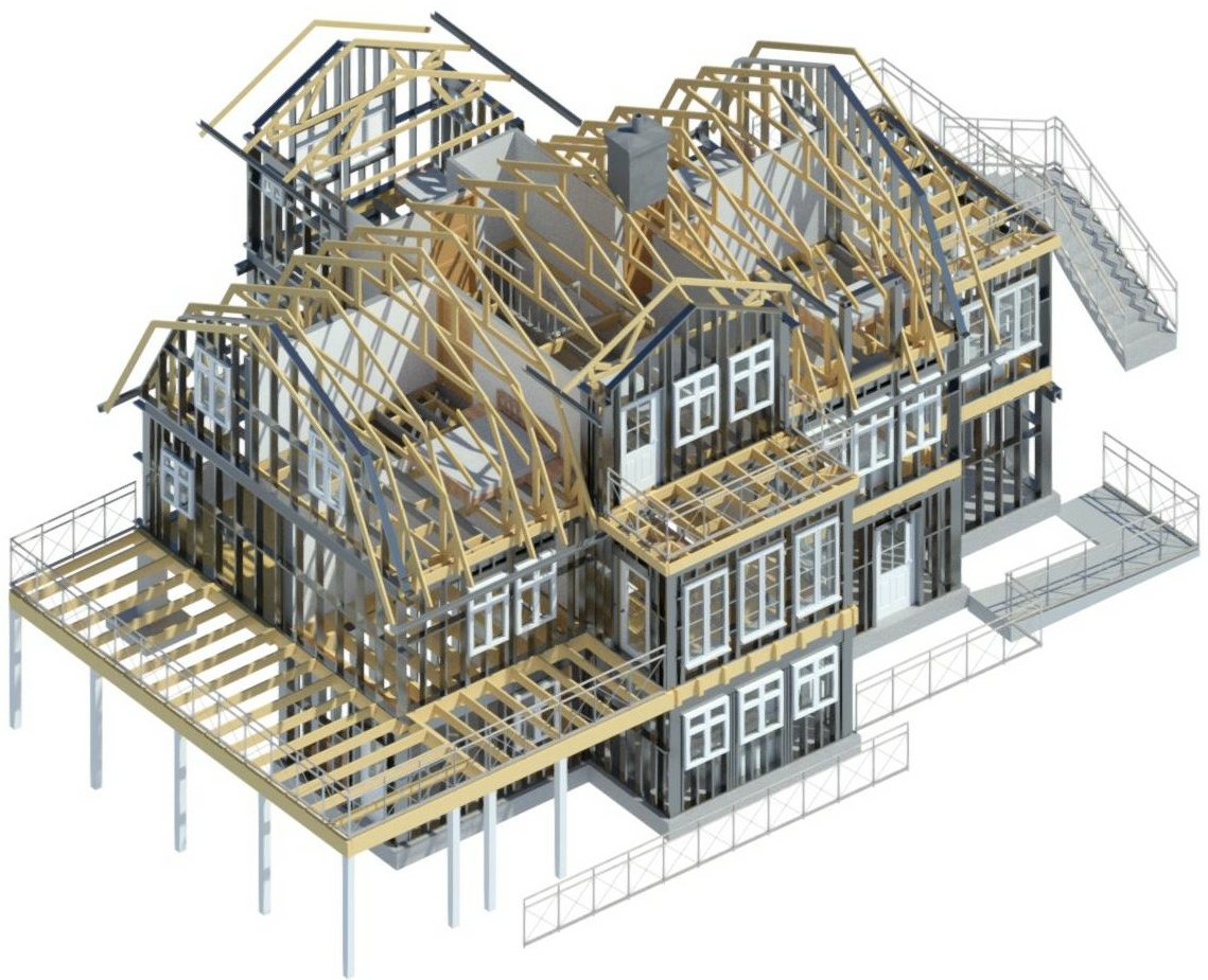 3D model of the timber frame seen from the opposite corner with the deck structure