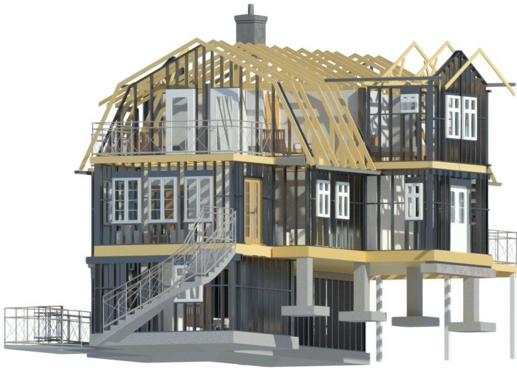 3D model of the villa with cladding partly shown, raised on columns over the basement