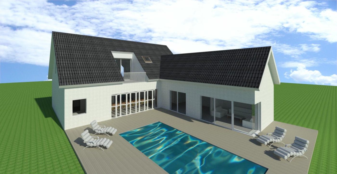 Rendering of a white L-shaped villa with pool
