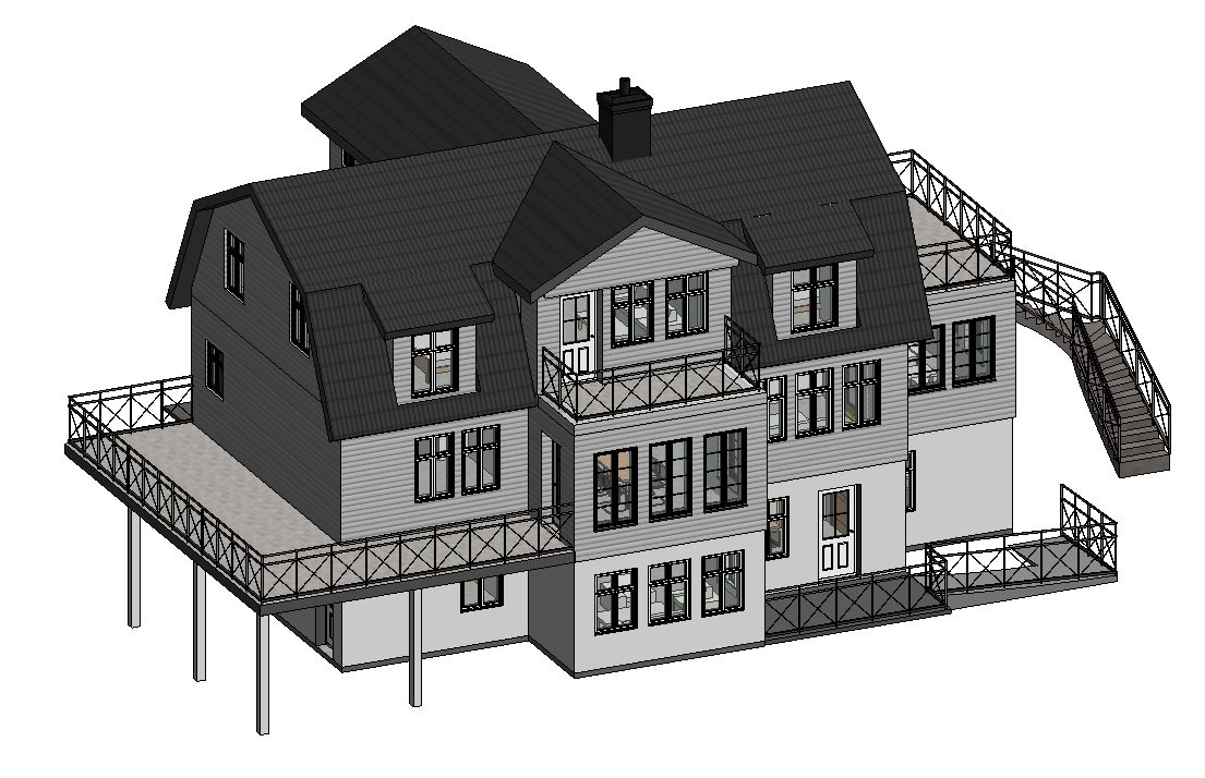 Model of a large three-storey villa with balconies on a sloping site